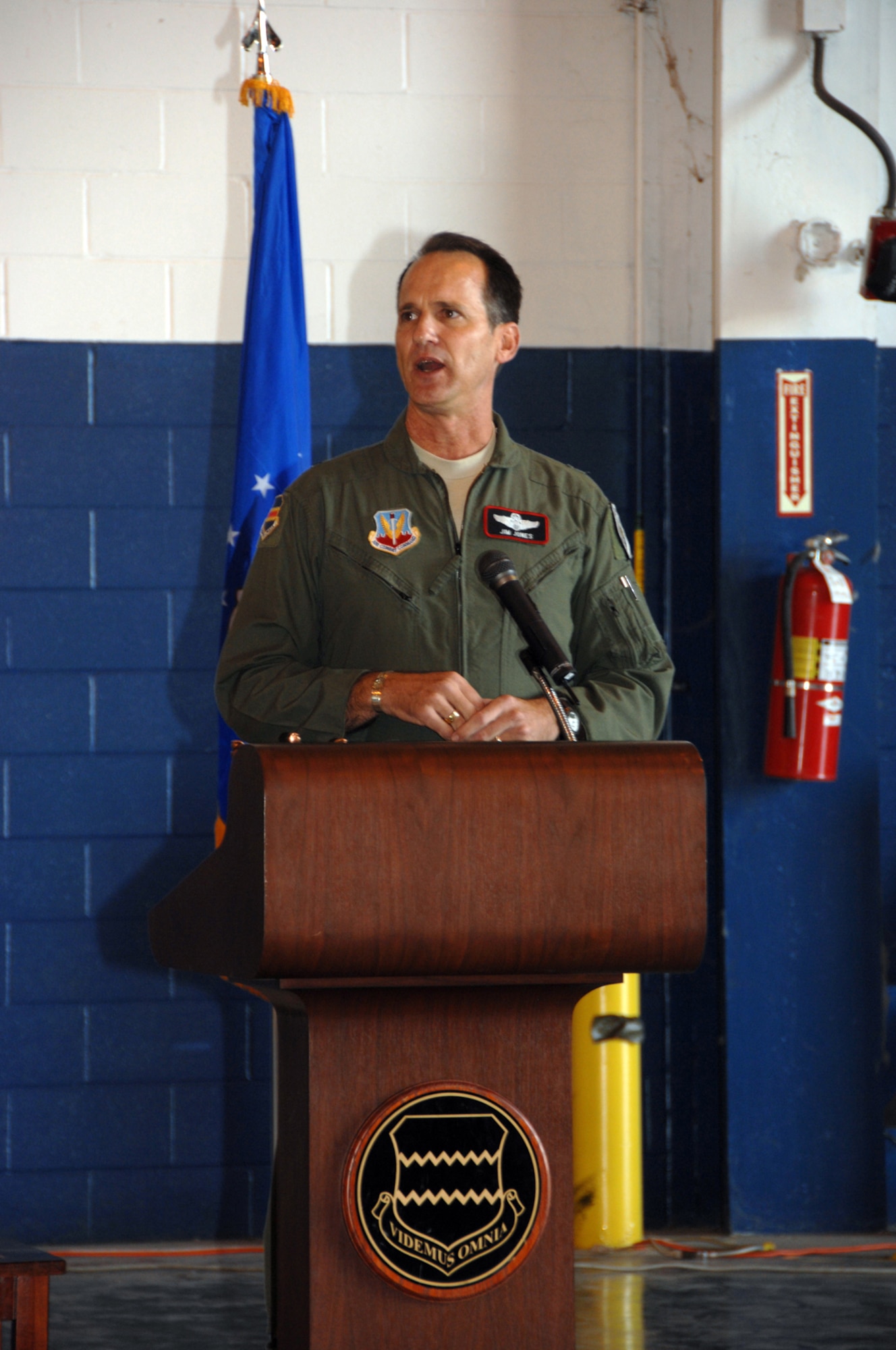 Brig. Gen. James Jones addresses Team Offutt Sept. 26 at the commander’s call that ended the 2008 Wingman Days events for Offutt. The general stressed the importance of watching out for your fellow Airmen and yourself. (U.S. Air Force Photo By Kendra Williams)               

