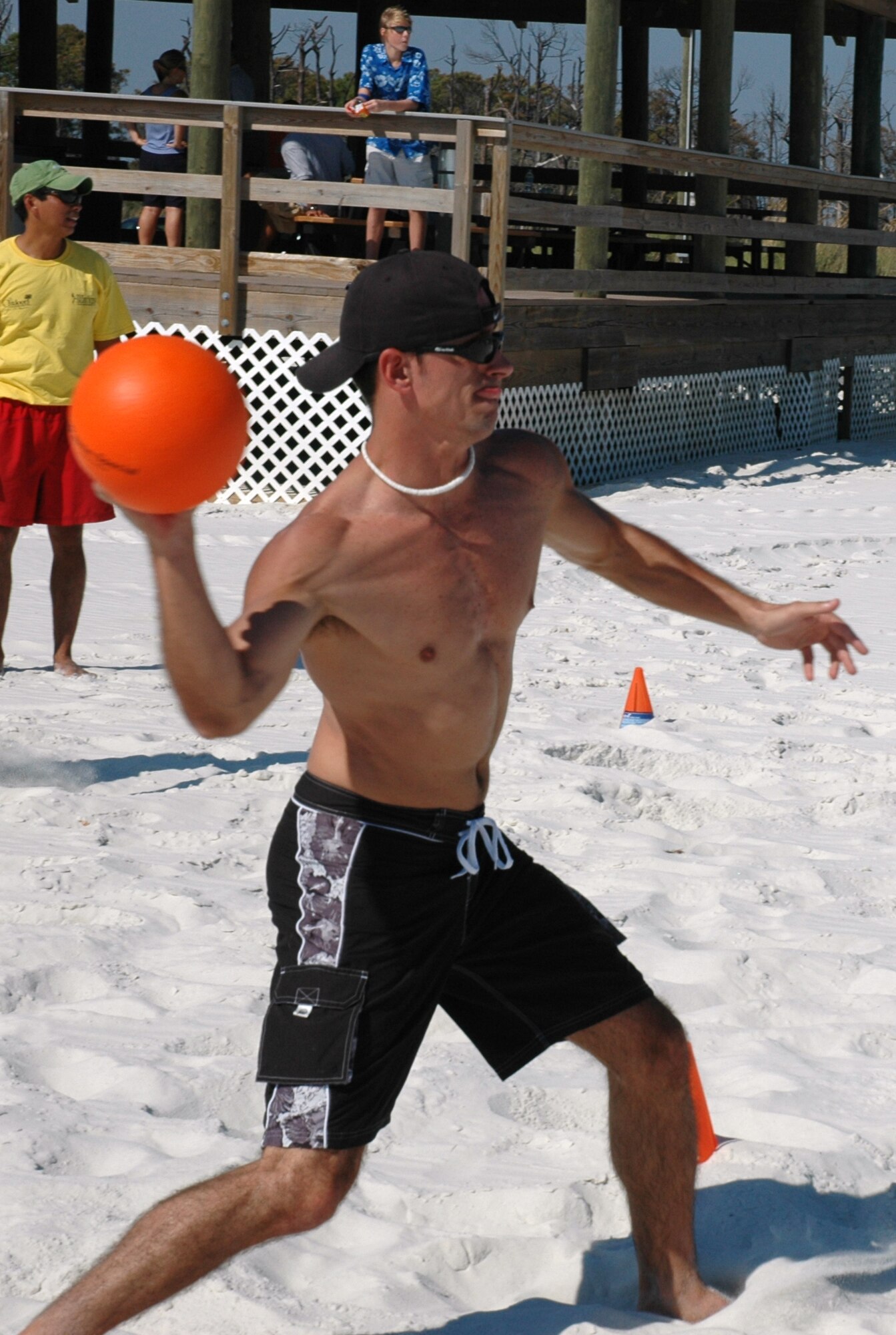 EGLIN AIR FORCE BASE, Fla. -- Airman and Eglin personnel enjoy a heated game of dodge ball during Beach Bash hosted at Beach Park on Okaloosa Island Sept. 26. The event was an afternoon of fun designed to promote team building, unit morale and celebrate the end of 101 days of a safe summer. (US Air Force photo/ Airman 1st Class Anthony Jennings)