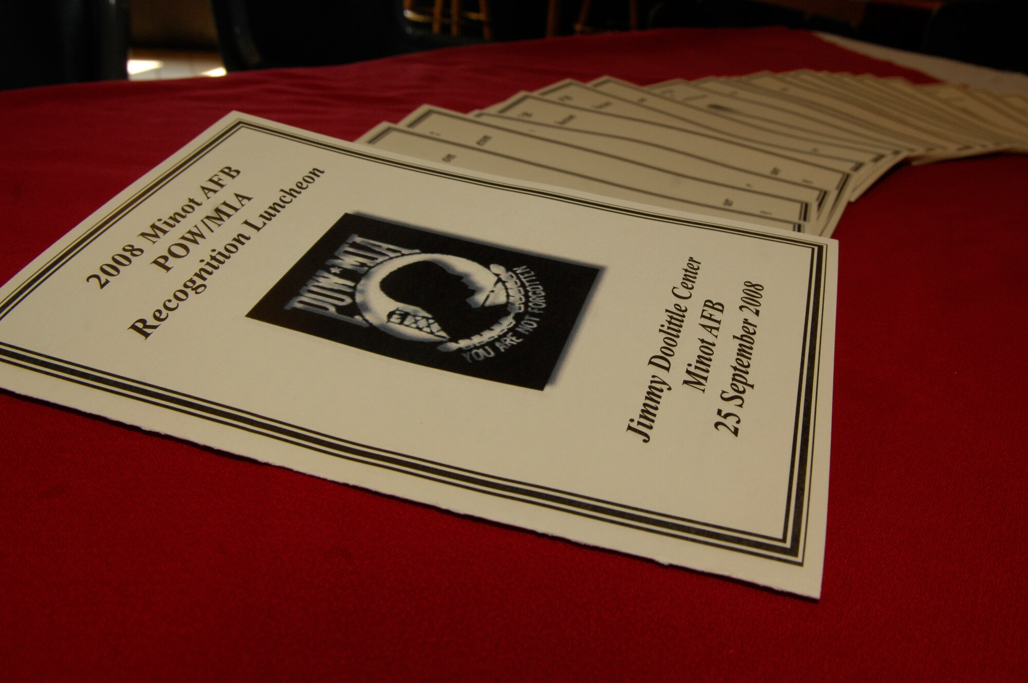 MINOT AIR FORCE BASE, N.D. – The Jimmy Doolittle Center here hosted the POW/MIA recognition luncheon Sept. 25. The luncheon and ceremony were a way to pay tribute to our brothers and sisters who cannot dine with us due to their sacrifice in defense of freedom. (U.S. Air Force photo by Senior Airman Joe Rivera)