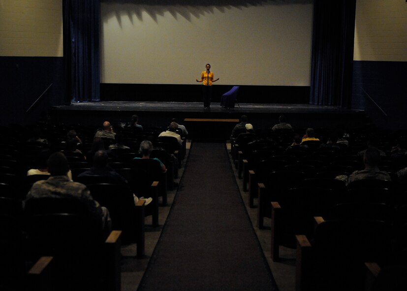 MOODY AIR FORCE BASE, Ga. -- Stacy Fischer, an actress for Deana's Educational Theater, plays a character named Anna during a performance in "The Yellow Dress" play here Sep. 26. The play is based on true accounts of sexual assault and abusive relationships. (U.S. Air Force photo by Senior Airman Brittany Barker)