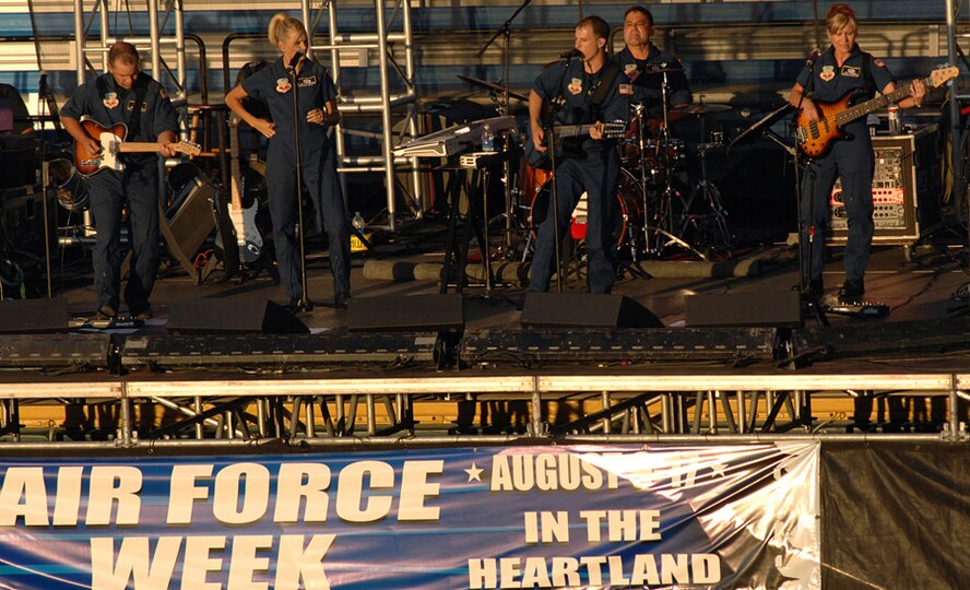 OMAHA, Neb. -- The Heartland of America Band’s Night Wing ensemble performs for the audience at Rosenblatt Stadium Aug. 9 as part of Air Force Week in the Heartland Opening Ceremonies. Opening ceremonies included performances by Jessica Andrews and U.S. Air Force Academy Wings of Blue Jump Team and a fireworks display. (Courtesy of 55th Wing Public Affairs)