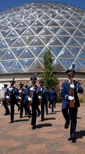OMAHA, Neb. -- Members of the U.S. Air Force Honor Guard Drill Team perform for Henry Doorly Zoo attendees Aug. 12 for Air Force Week in the Heartland. The drill team is the traveling component of the Honor Guard and tours worldwide representing all Airmen while showcasing Air Force precision. (Courtesy of 55th Wing Public Affairs)