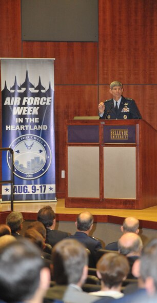 BELLEVUE, Neb. -- Gen. Norton A. Schwartz, Air Force Chief of Staff, addresses local business leaders and senior members of the Air Force at the University of Bellevue Aug. 15.  The University of Bellevue hosted a breakfast and leadership forum as part of Air Force Week in the Heartland. (U.S.  Air Force Photo By Daniel J. Rohan Jr)