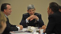 BELLEVUE, Neb. -- Gen. Norton A. Schwartz, Air Force Chief of Staff, converses with local business leaders and senior members of the Air Force at the University of Bellevue Aug. 15. The University of Bellevue hosted a breakfast and leadership forum as part of Air Force Week in the Heartland. (U.S. Air Force Photo By Daniel J. Rohan Jr)