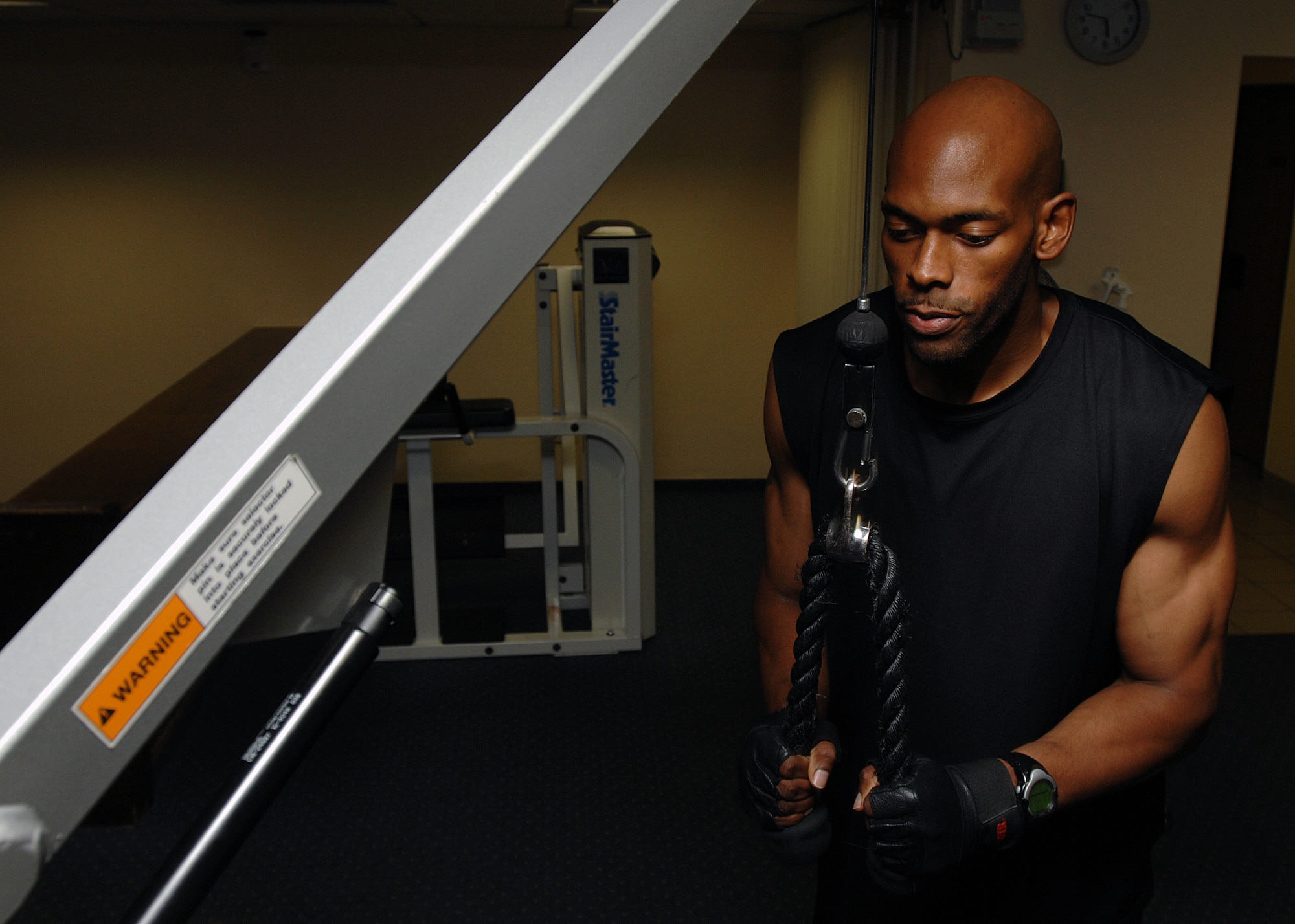 SPANGDAHLEM AIR BASE, Germany-- Tech. Sgt. Robert Harris, 52nd Communications Squadron, lifts weights in the Skelton Memorial Fitness Center Sept. 17, 2008. Sergeant Harris was selected as Spangdahlem’s Male Athlete of the Year. (U.S. Air Force photo by Airman 1st Class Nathanael Callon)
