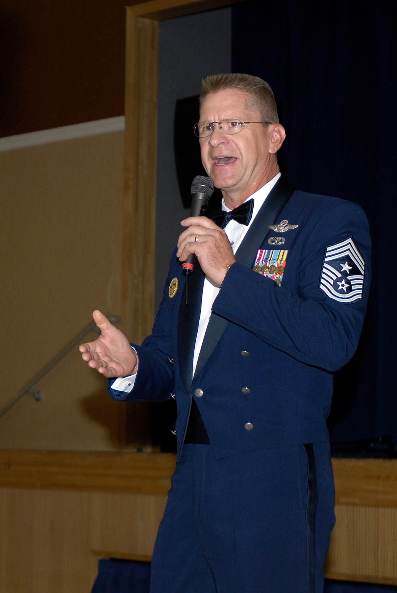 MISAWA AIR BASE, Japan -- Command Chief Master Sgt. Craig K. Deatherage, U.S. Forces Japan and 5th Air Force, talks to the crowd during the Misawa Air Base Air Force Ball Sept. 19, 2008 about the Air Force's potential future over the next 39 years. (U.S. Air Force photo by Senior Airman Chad Strohmeyer)