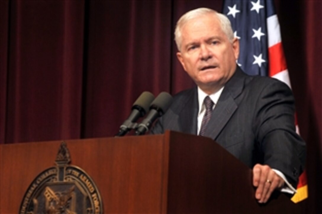 Defense Secretary Robert M. Gates addresses the audience during a visit to National Defense University, Fort McNair, Washington, D.C., Sept. 29, 2008.  