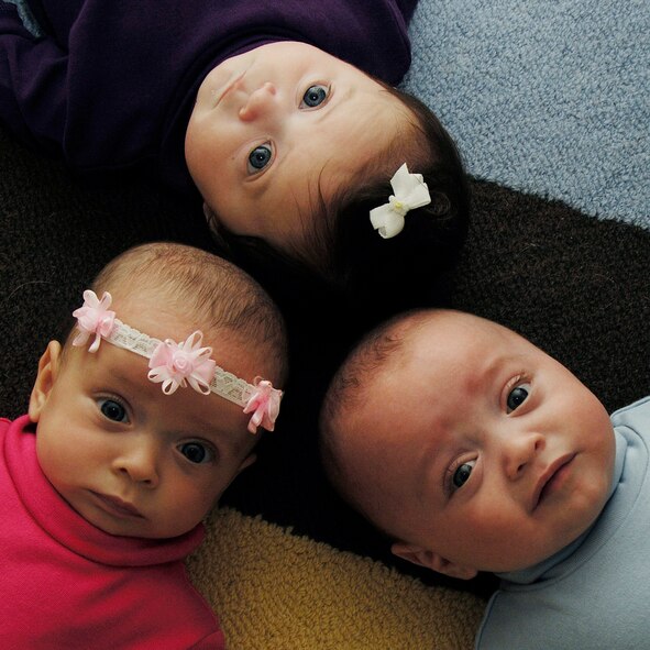 Capt. Andrew Geisel, 651st Electronic Systems Squadron contracting officer, was returning from a six month deployment in Afghanistan when his wife, Jennifer, went into labor with Rylee (top), Alexandria (left) and Cole.  Family members and Air Force personnel, including individuals from Hanscom, helped Captain Geisel arrive at the hospital in Great Falls, Mont. in time to see the triplets delivered. (U.S. Air Force photo by Linda LaBonte Britt) 