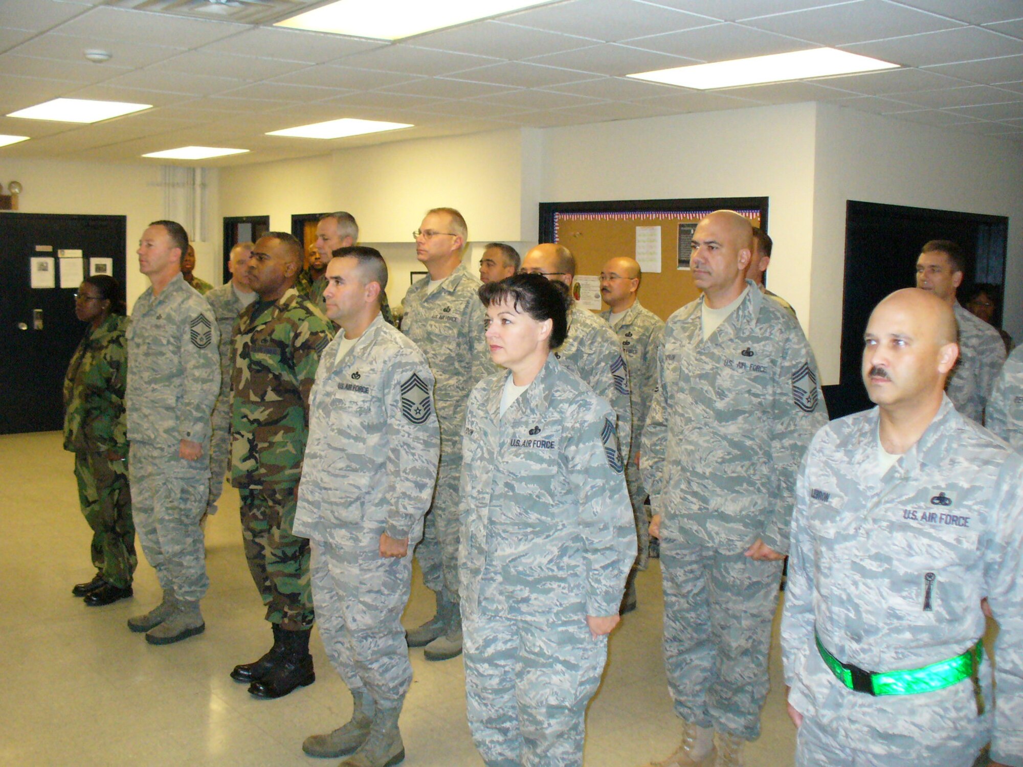 LANGLEY AIR FORCE BASE, Va. -- Langley chief master sergeants arrived at the 1st Security Forces Squadron Sept. 26 to receive training as they prepared to perform installation entry controller duties. This duty ensured every vehicle operator that enters base had a valid identification card. “As chiefs, we believe this is an important antiterrorism and force protection effort our Airman conduct daily, we wanted to show our support,” said Chief Master Sgt. James Johnston, 1st Security Forces manager. (Courtesy Photo) 