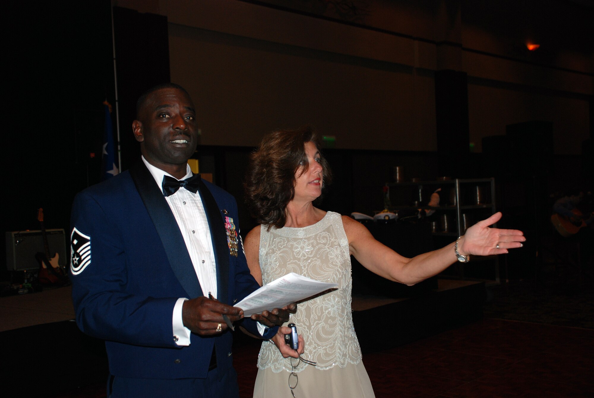 Shaun Cunningham and Kathy Knichel discuss Air Force Ball 2008 before it started.  The Air Force Ball was postponed for three weeks due to evacuations forced by Hurricane Hannah. (U.S. Air Force photo/Mr. Robert Baldwin) 