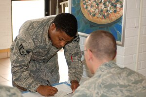 LANGLEY AIR FORCE BASE Va. -- Staff Sgt. Torray Riles, 1st Medical Support Squadron, registers to vote at the base exchange Sept. 30. "Every vote counts and the only way to be heard is through voting," said Sergeant Riles. ( U.S. Air Force photo/Airman 1st Class Jonathan Koob)

