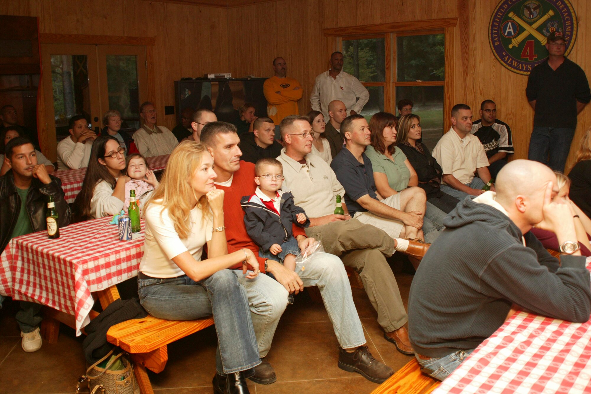 SUMTER, S.C.-- Soldiers and families of the Army 4th Battlefield Coordination Detachment gather for a farewell dinner at the Carter Cabin Sept. 25. The 4th BCD is preparing to deploy as a unit next week, to Southwest Asia for one year. (U.S. Air Force photo/Staff Sgt. Holly Brown)
