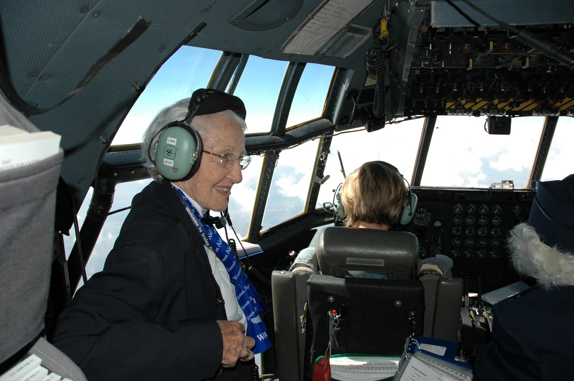 Women Airforce Service Pilot Jan Goodrum is back in the cockpit of a military aircraft after flying for her country during WWII. Goodrum joined the all-women C-130 flight crew from 302nd Airlift Wing, Peterson Air Force Base, Colo., during a WASP farewell reunion flight near Love Field, Texas.