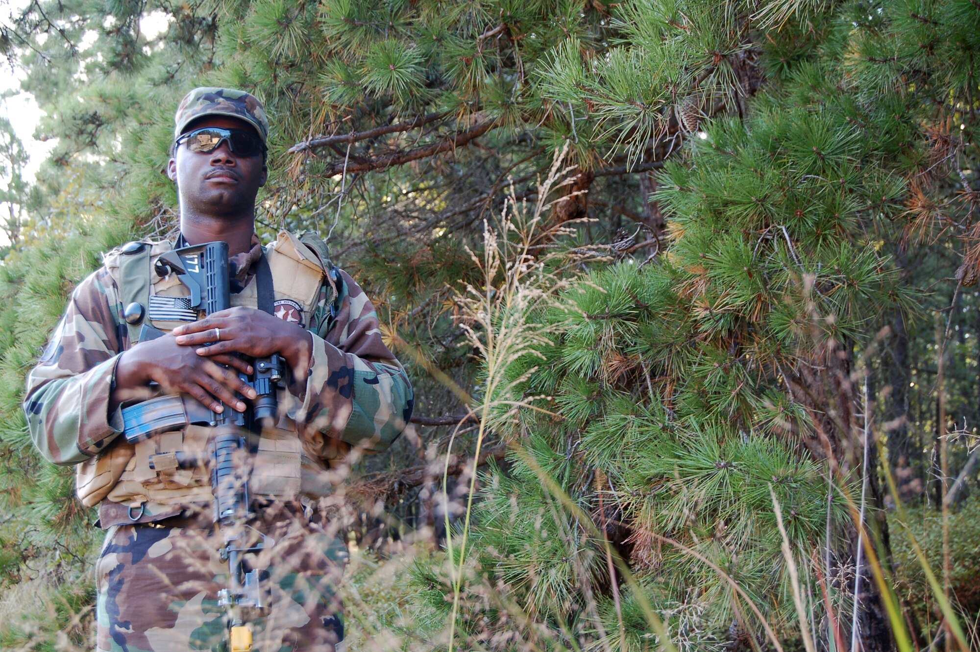Staff Sgt. Billy Smithshelley, from the 816th Contingency Response Group, McGuire Air Force Base, N.J., participating in Air Force Exercise Eagle Flag 08-6, performs security duties in the fictional village of Citheron during a scenario for Eagle Flag Sept. 20, 2008, at Naval Air Engineering Station Lakehurst, N.J.  The exercise is managed by the U.S. Air Force Expeditionary Center's 421st Combat Training Squadron and tests and trains Airmen in expeditionary combat support skills.  (U.S. Air Force Photo/Senior Airman Julius Delos Reyes)