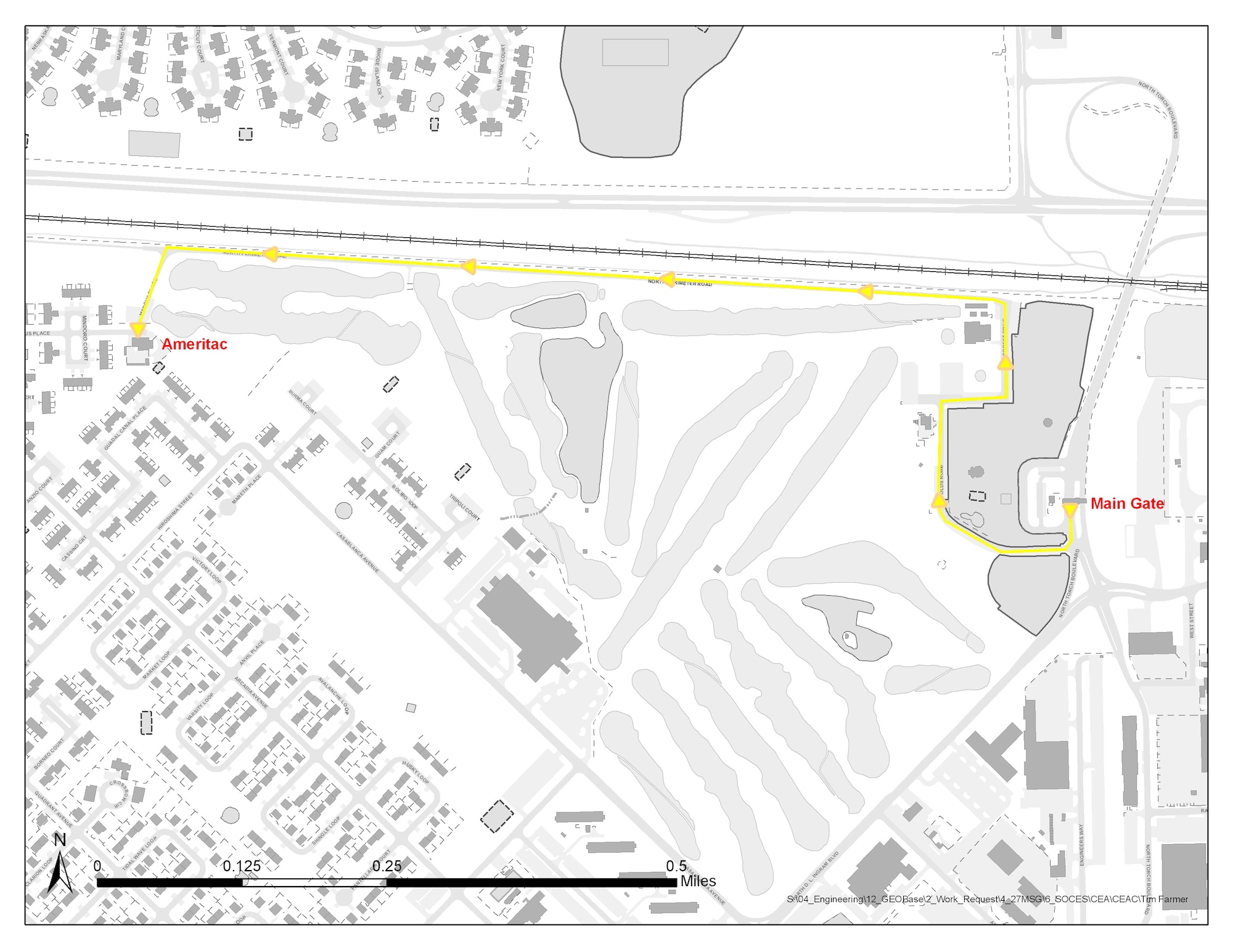 CANNON AIR FORCE BASE, N.M. - Due to ongoing construction and safety concerns, the only approved route to Ameritac (housing maintenance) is highlighted by the yellow line shown in the picture. To get to Ameritac, go behind the golf course at the main gate. Going to Ameritac through housing is unauthorized. For more information call 784-8363.