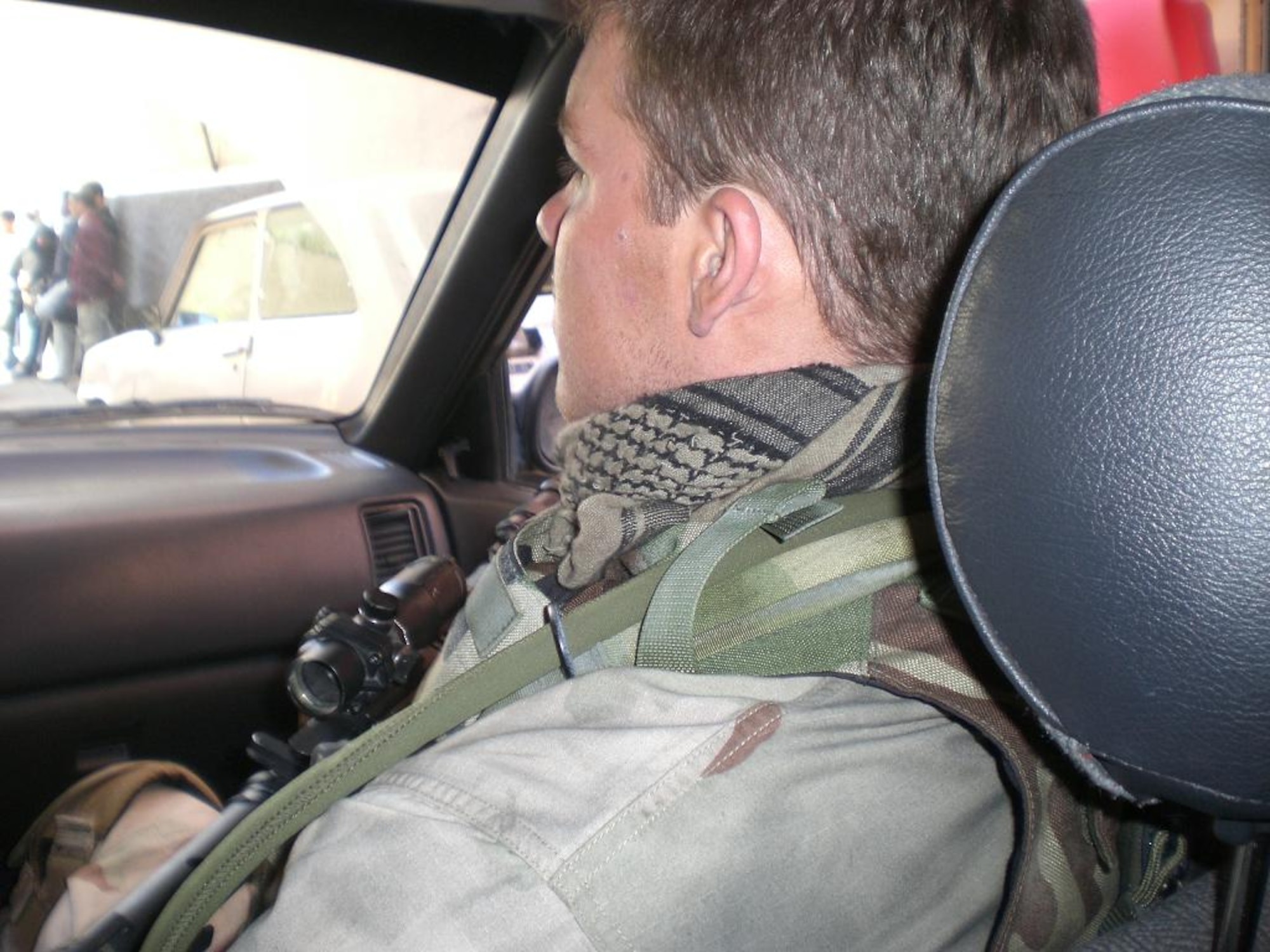 As a body double for actor Matt Damon (Chief Warrant Officer Roy Miller) in the upcoming thriller Green Zone, JAC Sgt. First Class Christopher C. Slaughter was typically filmed from the side -- as in this shot -- and from the rear, top or from a distance where it would not be obvious that the real actor was not in the shot.  Body doubles are used where the highly expensive time of a top actor is not needed.  Sgt. First Class Slaughter was recently promoted to his current rank. (Photo courtesy of Christopher Slaughter)