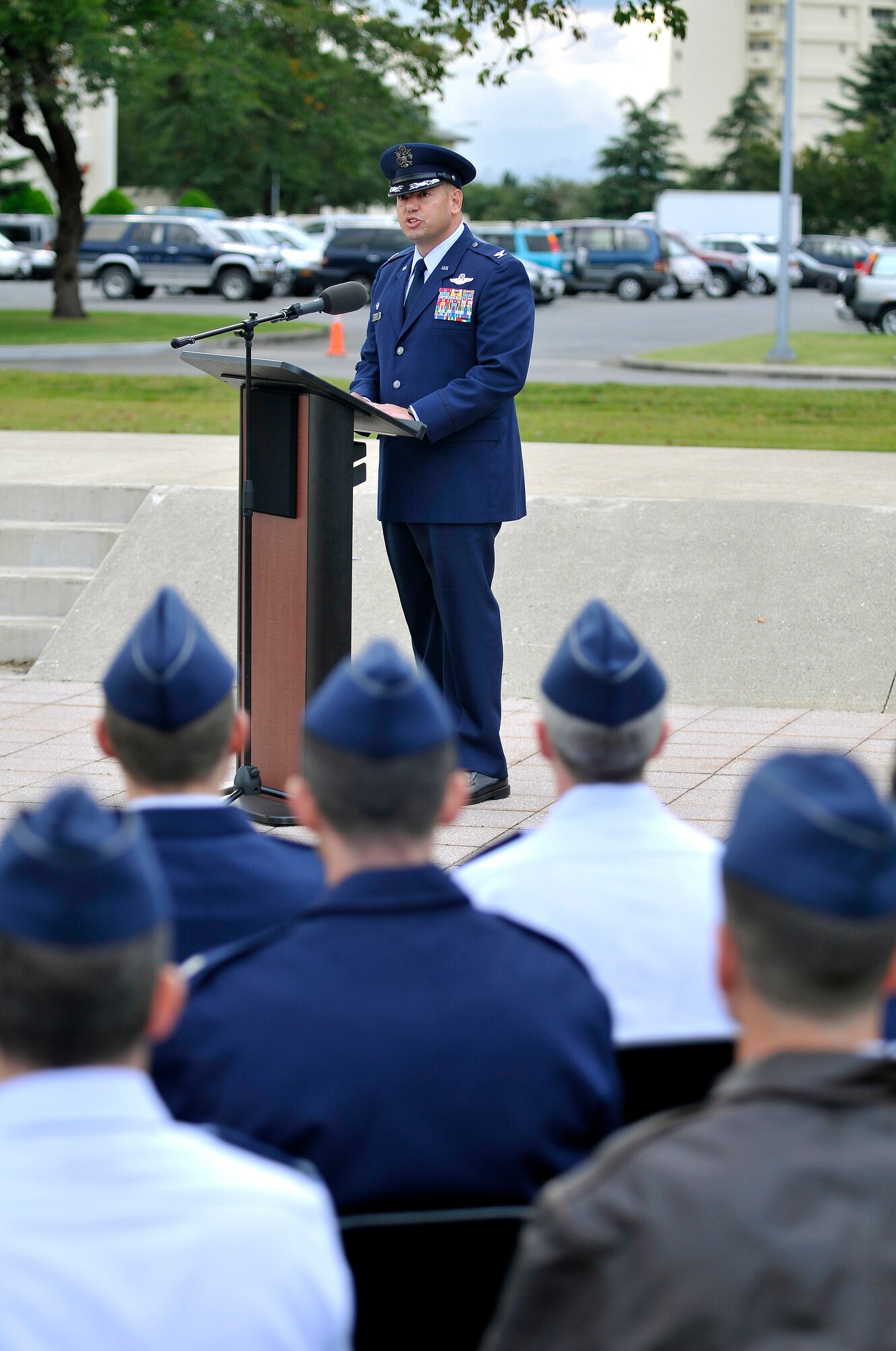 MISAWA AIR BASE, Japan -- Col. Mark Altobelli, 35th Operations Group commander, gives the opening remarks during a POW/MIA ceremony, Sept. 29, 2008 encouraging the men and women of Misawa Air Base to remember prior servicemembers who have gone missing in combat and endured enemy prison camps as part of their sacrifice. (U.S. Air Force photo by Senior Airman Chad Strohmeyer)