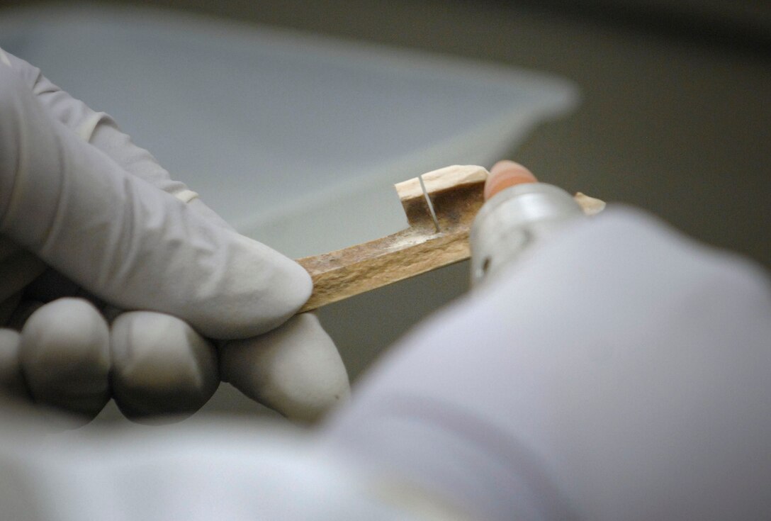 Mitochondrial DNA analyst Christina Miller sands a bone sample to remove surface contaminants before grinding it into a fine powder and extracting its DNA. DNA testing has developed to become a key piece of evidence in nearly 85 percent of all missing troop identifications. DoD photo by Fred W. Baker III