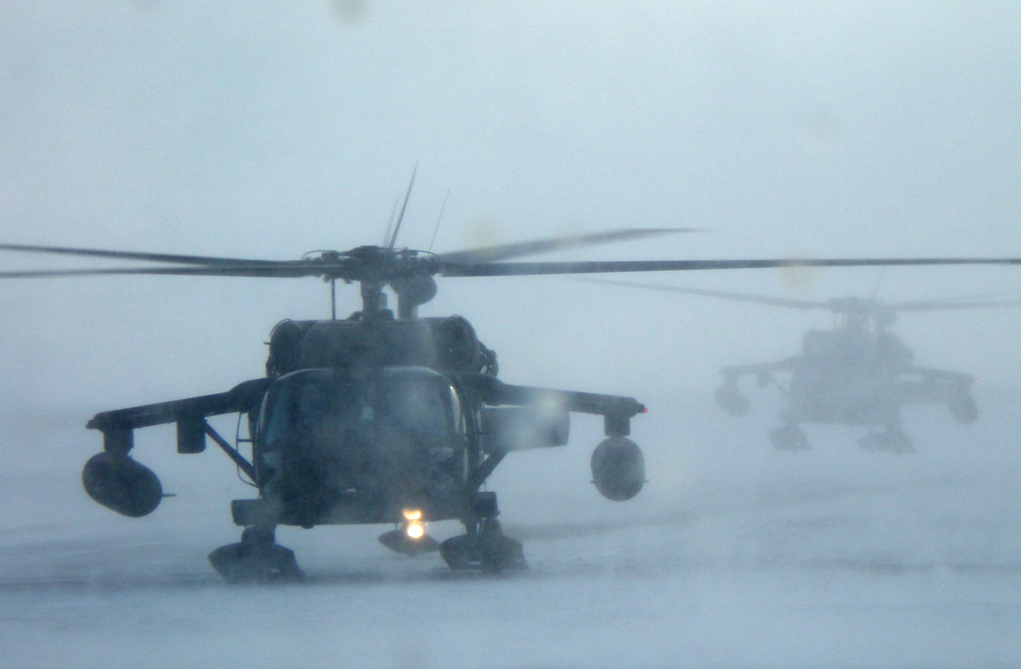 Transportation was arduous in remote areas of Alaska as shown by this Blackhawk helicopter during Operation Arctic Care. Despite the weather, helicopters were used by two members of the 42nd Medical Group who participated in the exercise. (Courtesy photo)