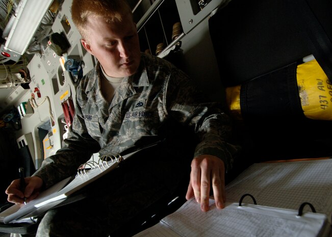 Staff Sgt. Andrew Alford reviews aircraft forms to ensure all discrepancies are documented so maintenance can correct the deviations here April 1. Sergeant Alford is a crew chief quality assurance inspector for the 437th Maintenance Group. (U.S. Air Force photo/Senior Airman Timothy Taylor)