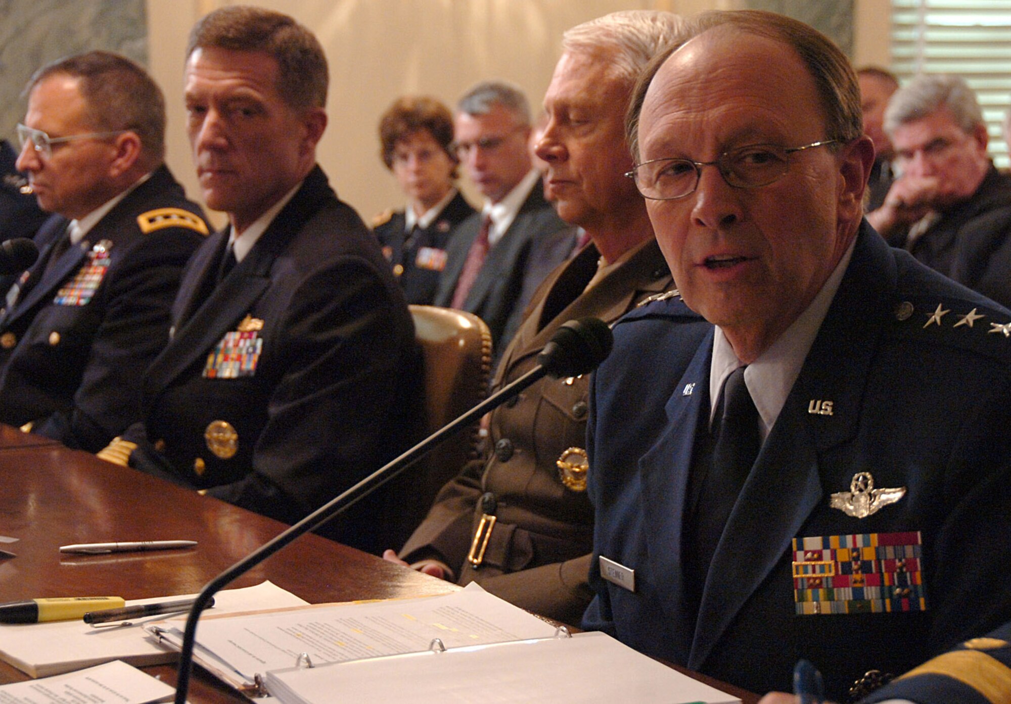 Lt. Gen. Charles E. Stenner Jr. (right), chief of the Air Force Reserve and commander of Air Force Reserve Command, testifies before the U.S. Senate?s Subcommittee on Appropriations March 25 in Washington, D.C.  Testifying with General Stenner were the chiefs of the other reserve components.  (U.S. Air Force photo/Master Sgt. Mike R. Smith)