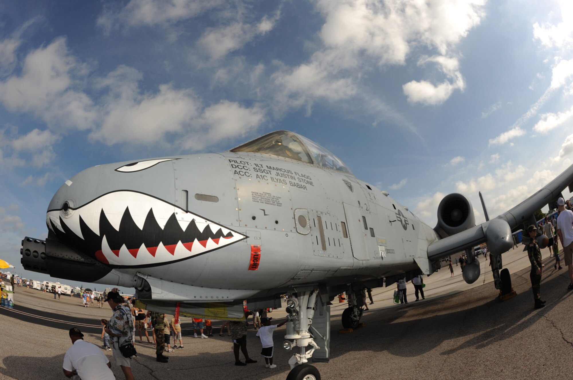 The AirFest embodies families and friends that want to explore what the United States military is all about.  This years AirFest  displayed various exhibits and demonstrations.  The A-10 Thunderbolt was one of the planes on display. The A-10 can speed up to 439 MPH with close air support.  It also contains a 30mm gun with free-fall or guided bombs, maverick and side winder missiles.  (U.S. Air Force photograph by Senior Airman Nancy Hooks)