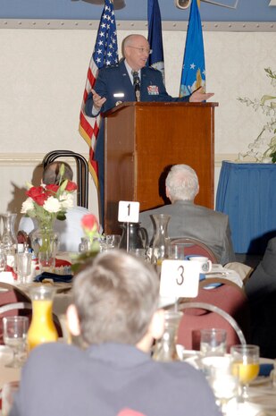 Chap. (Maj. Gen.) Cecil Richardson speaks during the National Prayer breakfast at the Charleston Club March 23. Originally called the Presidential Prayer Breakfast, the name was changed to the National Prayer Breakfast in 1970. Those who attend the breakfast discussed individual and daily spiritual needs as well as the dependence of our country on God. Chaplain Richardson is Chief of Chaplains, Headquarters U.S. Air Force. (U.S. Air Force photo/Staff Sgt. Marie Cassetty)