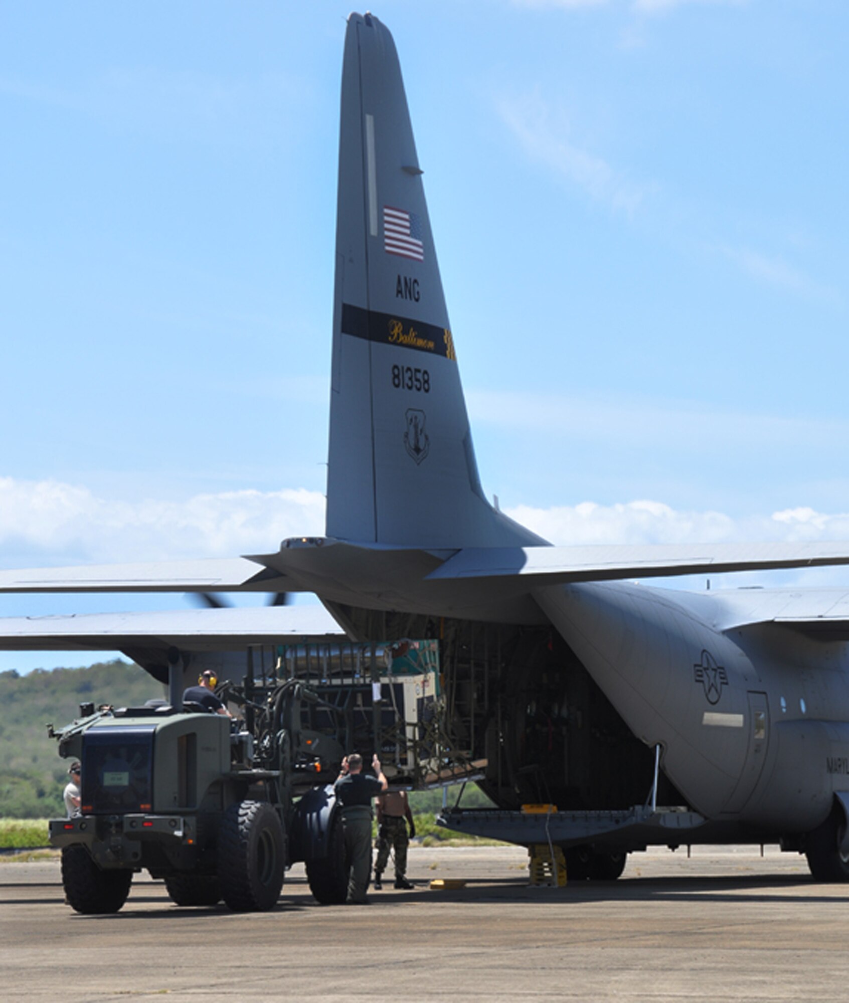 Airmen from the 817th Contingency Response Group guide a pallet onto a C-130 Hercules from the Maryland Air National Guard during the Vigilant Guard exercise held in Puerto Rico March 23 to 29. The exercise focused on a coordinated response by local and federal agencies following a natural disaster in Puerto Rico.  The 817th CRG is part of the 621st Contingency Response Wing at McGuire Air Force Base, N.J.  (U.S. Air Force photo/1st Lt. Dustin Doyle)