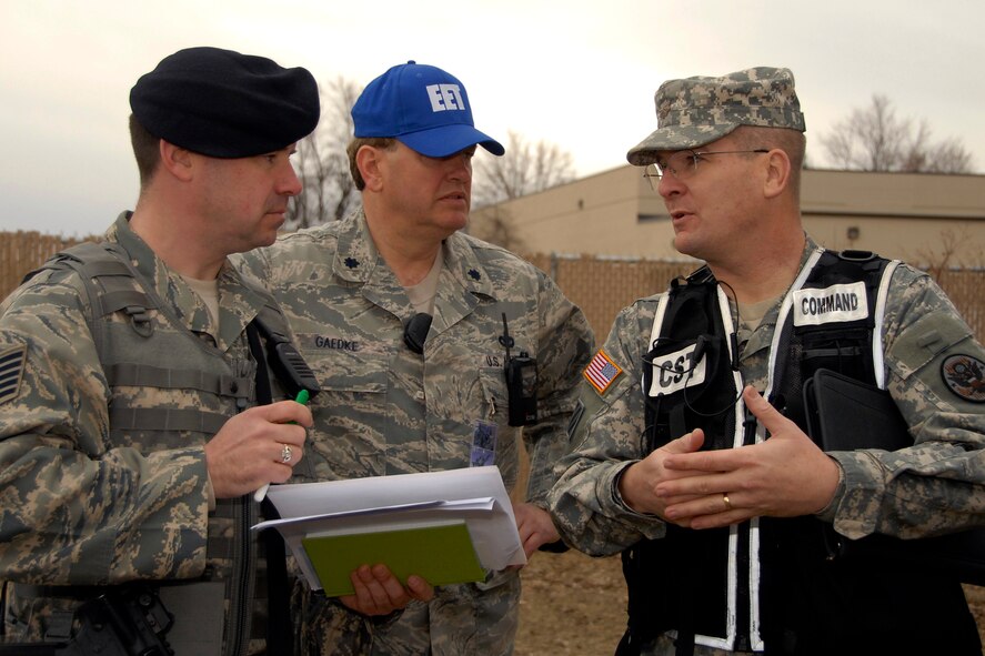 Tech Sgt. Paul Opper, 115th Security Forces Squadron, Lt. Col. John Gaedke, 115th Mission Support Group, and Maj. Tim Covington, 54th Civil Support Team, discuss various response methods to a “suspicious” package during an exercise here March 18. The joint exercise included many different units on Truax Field as well as the U.S. Postal Service, Federal Bureau of Investigation and the 54th Civil Support Team. (U.S. Air Force Photo by Staff Sgt. Jon LaDue)
