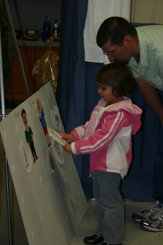 Lyndon Laseman, 82nd Medical Support Squadron pharmacy technician, helps Anna Johnson, John Tower Elementary pre-kindergarten student, determine if a product is safe or unsafe to eat.  As part of National Poison Prevention Week, the pharmacy presented a puppet show and demonstration to children of John Tower Elementary, Sheppard Elementary and the base Child Development Center to introduce them to the dangers of household poisons