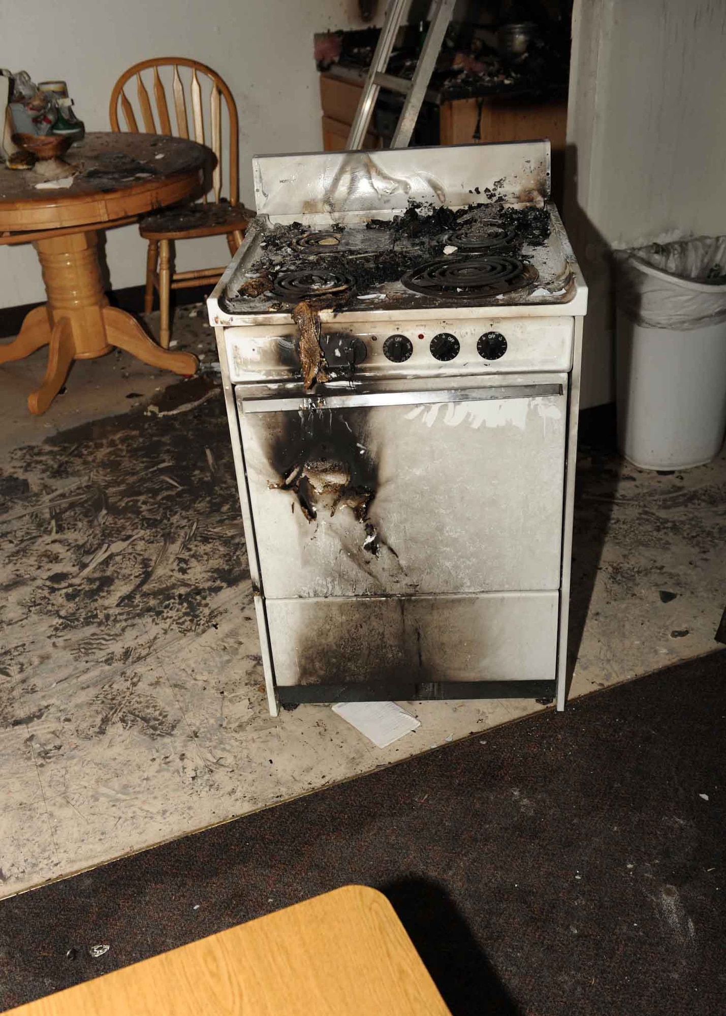 DYESS AIR FORCE BASE, Texas - A fire broke out at base lodging March 22. The fire was caused by burners being lit on a stove, while a toaster was left on top of the stove. The toaster caught fire burnt a section of the kitchen. The fire could have been prevented by having the toaster stored in an appropriate place and not on the stove. (U.S. Air Force photo by Senior Airman Domonique Simmons)
