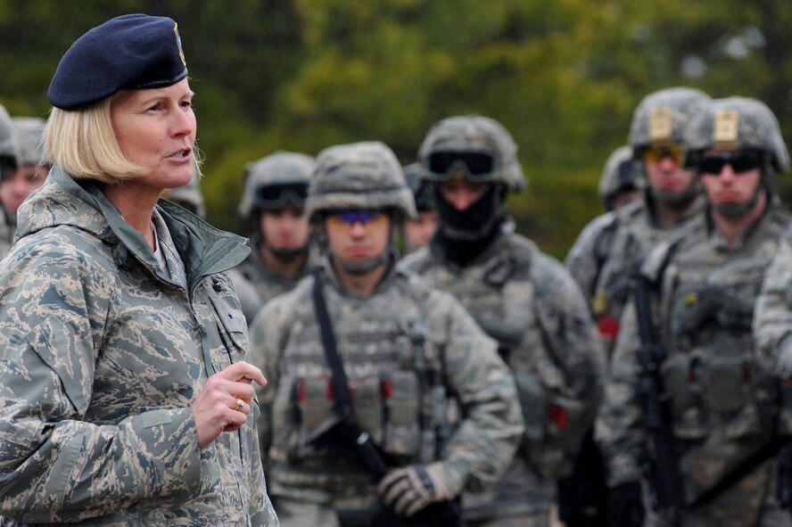 Brig. Gen. Mary Kay Hertog, Air Force Director of Security Forces at the Pentagon, talks with security forces Airmen training for upcoming deployments during her visit to the U.S. Expeditionary Center on Fort Dix, N.J., on March 26, 2009.  General Hertog also gave a presentation for the Expeditionary Center's Professional Development Speaker Series observing the center's 15th anniversary.  The speaking engagement was also teleconferenced to 15 locations Air Force-wide to include Japan, Germany, Nevada, Texas, Illinois, Hawaii and California. (U.S. Air Force Photo/Staff Sgt. Nathan G. Bevier) 