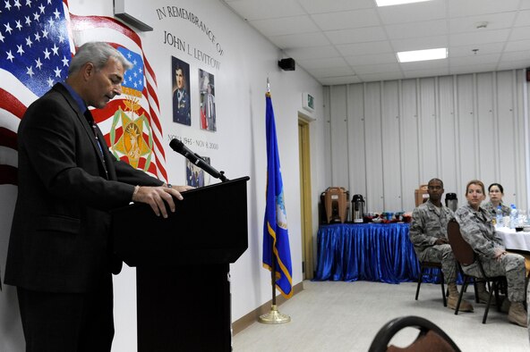 SOUTHWEST ASIA -- Maj. Jim Hedges (Ret.), a local contractor and instructor of the chapel's "Bible in the Middle East" lecture series, speaks at the 380th Air Expeditionary Wing's annual National Prayer Breakfast. More than 70 Airmen gathered together in fellowship for the breakfast here April 1. (U.S. Air Force photo by Staff Sgt. Mike Andriacco) (Released)