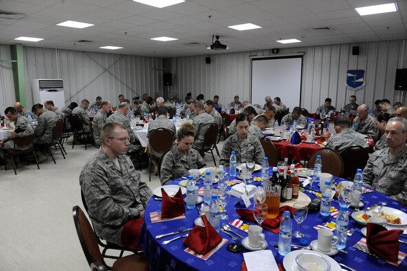 SOUTHWEST ASIA -- Particpants at the 380th Air Expeditionary Wing's annual National Prayer Breakfast take a moment to reflect during the ceremony. More than 70 Airmen gathered together in fellowship for the breakfast here April 1. (U.S. Air Force photo by Staff Sgt. Mike Andriacco) (Released)