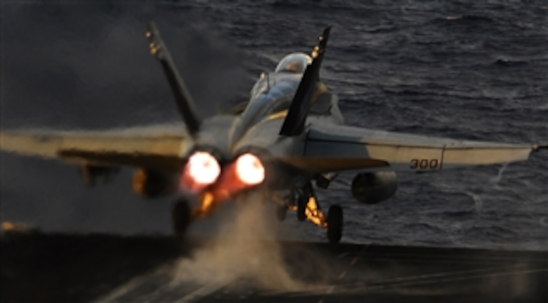 A U.S. Navy F/A-18C Hornet aircraft from Strike Fighter Squadron 146 launches from the flight deck of the aircraft carrier USS John C. Stennis (CVN 74) while the ship is underway in the Pacific Ocean on March 28, 2009.  The Stennis and Carrier Air Wing 9 are on a six-month deployment to the western Pacific Ocean.  