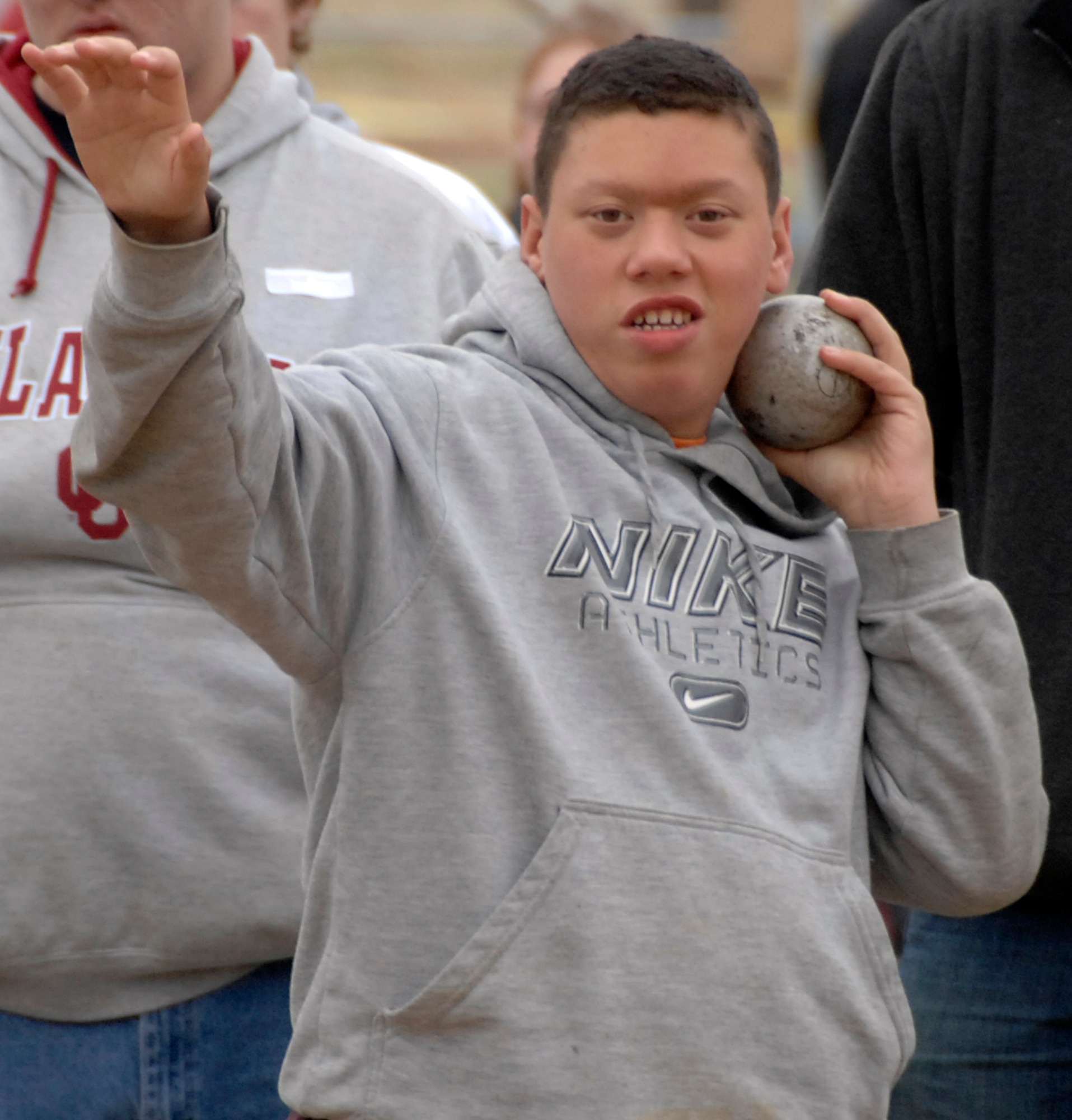 A Special Olympian competes in the shot put event at the 2009 Cherokee Strip Area 6 Track and Field Athletics meet held at Vance March 26. In the 40-year history of the Area 6 Special Olympics, 20 of the competitions have been held at Vance. (U.S. Air Force photo by Terry Wasson)