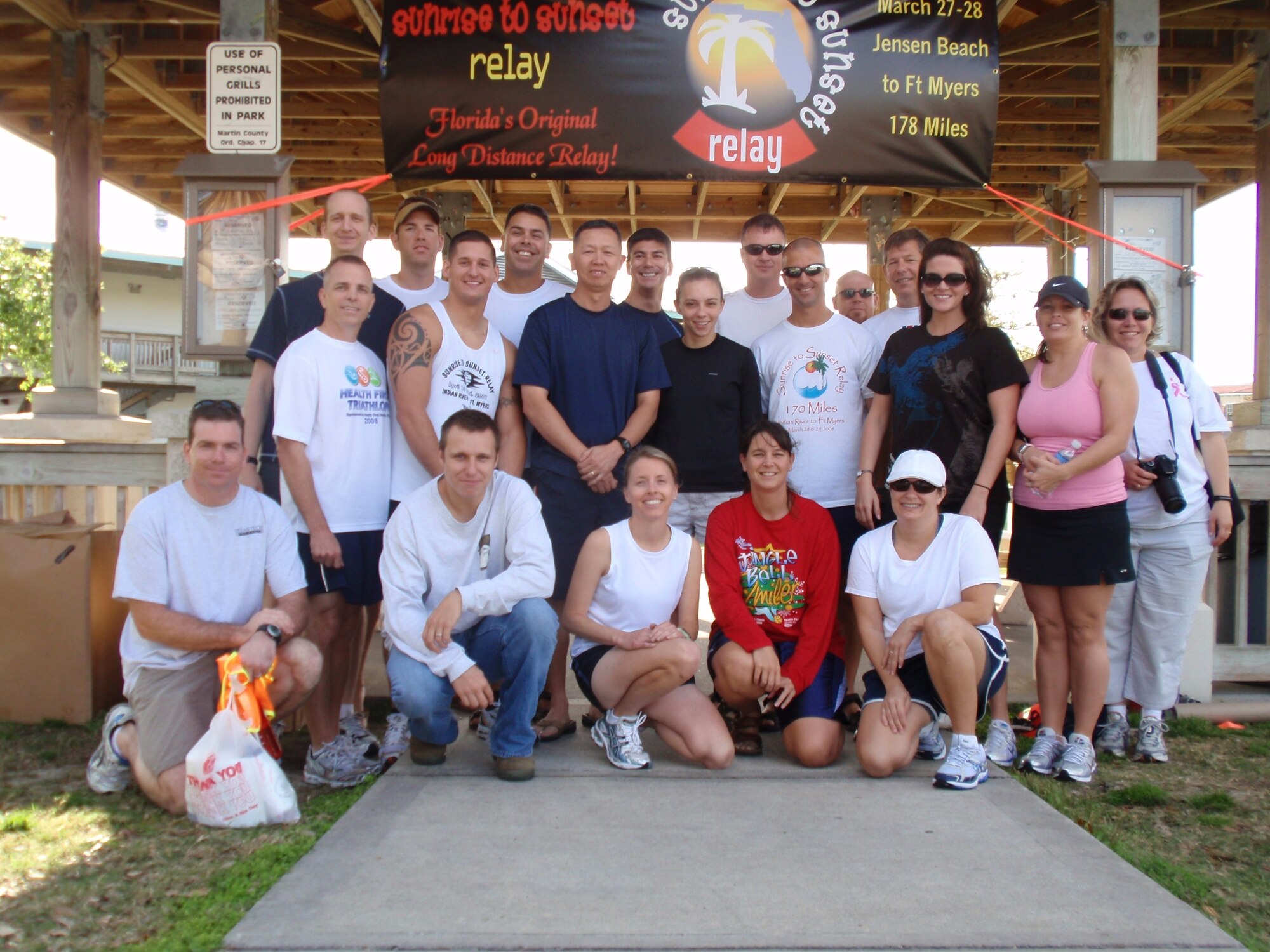 The members of the 45th Weather Squadron before the start of the Sunrise to Sunset Relay, a 178 mile marathon from Jensen Beach to Fort Myers, Fla., March 27. (U.S. Air Force photo courtesy of Staff Sgt. Carrie Volpe)