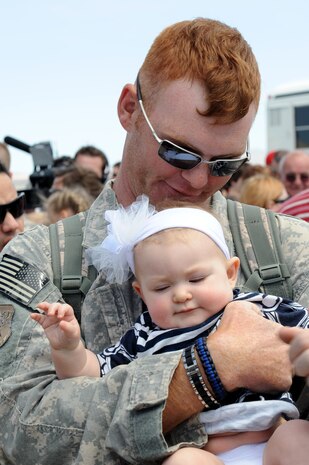 Senior Airman Ok Hubble, assigned to the 99th Security Forces Group, holds his
daughter for the first time at Nellis AFB, Nev., April 1. Airman  Hubble is
one of more than 130 Airmen assigned to the 99th SFG returning from an
eight-month deployment in Iraq. While deployed, the Nellis Airmen served on
convoy missions, provided installation security and patrolled Iraq. (U.S. Air Force photo by Airman 1st Class Brett Clashman)
