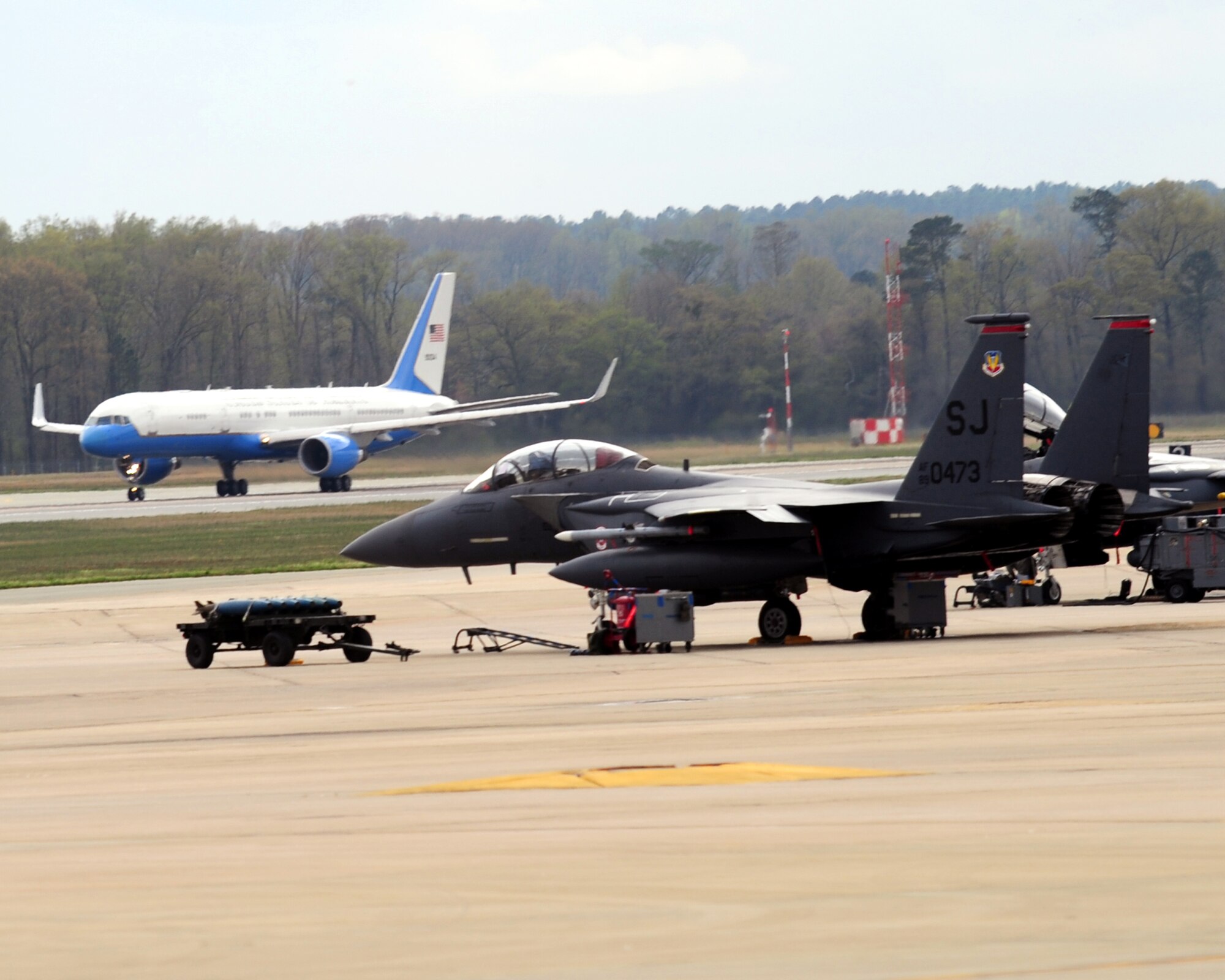 Air Force Two prepares to takeoff after Vice President Joe Biden visited communities around Seymour Johnson Air Force Base, N.C., April 1, 2009. The Vice President talked about the impact of  the American Recovery and Reinvestment Act on rural areas. (U.S. Air Force Photo by Airman 1st Class Rae Perry) 