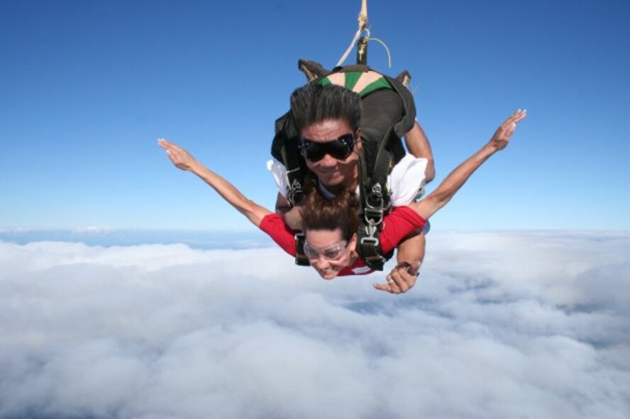 Tech. Sgt. Chandra Smith tries skydiving during Tops in Blue’s visit to Hickam Air Force Base, Hawaii. According to Smith, one year with Tops in Blue gave her countless experiences that were just as thrilling. (Courtesy photo)