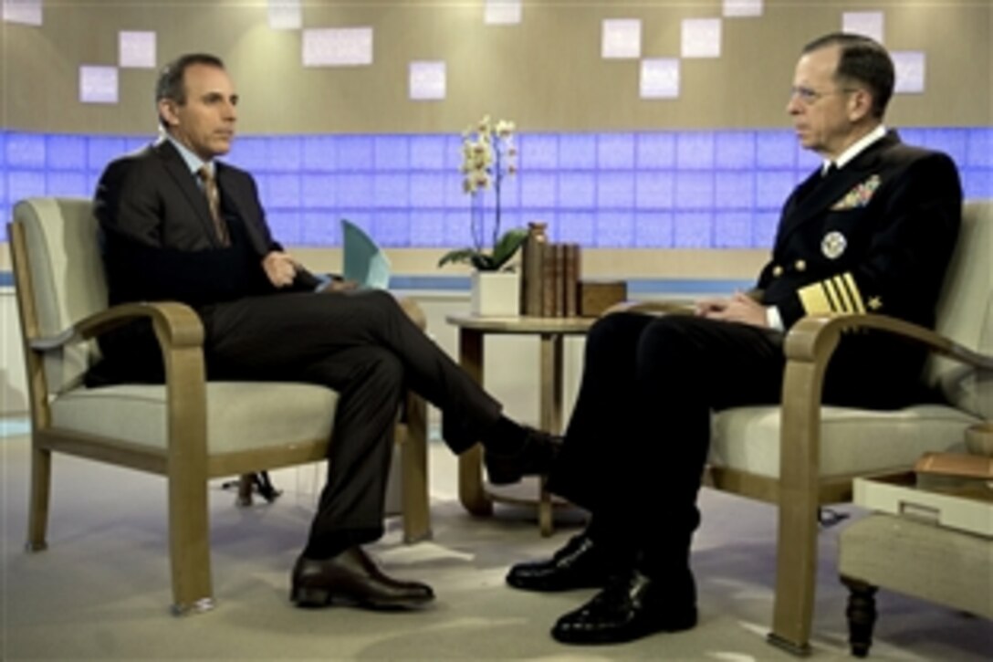 U.S. Navy Adm. Mike Mullen, chairman of the Joint Chiefs of Staff, talks with host Matt Lauer on NBC-TV’s "Today Show" in New York City, April 2, 2009. Mullen discussed Afghanistan and described the global financial crisis as a layer of uncertainty that could exacerbate problems in many parts of the world.