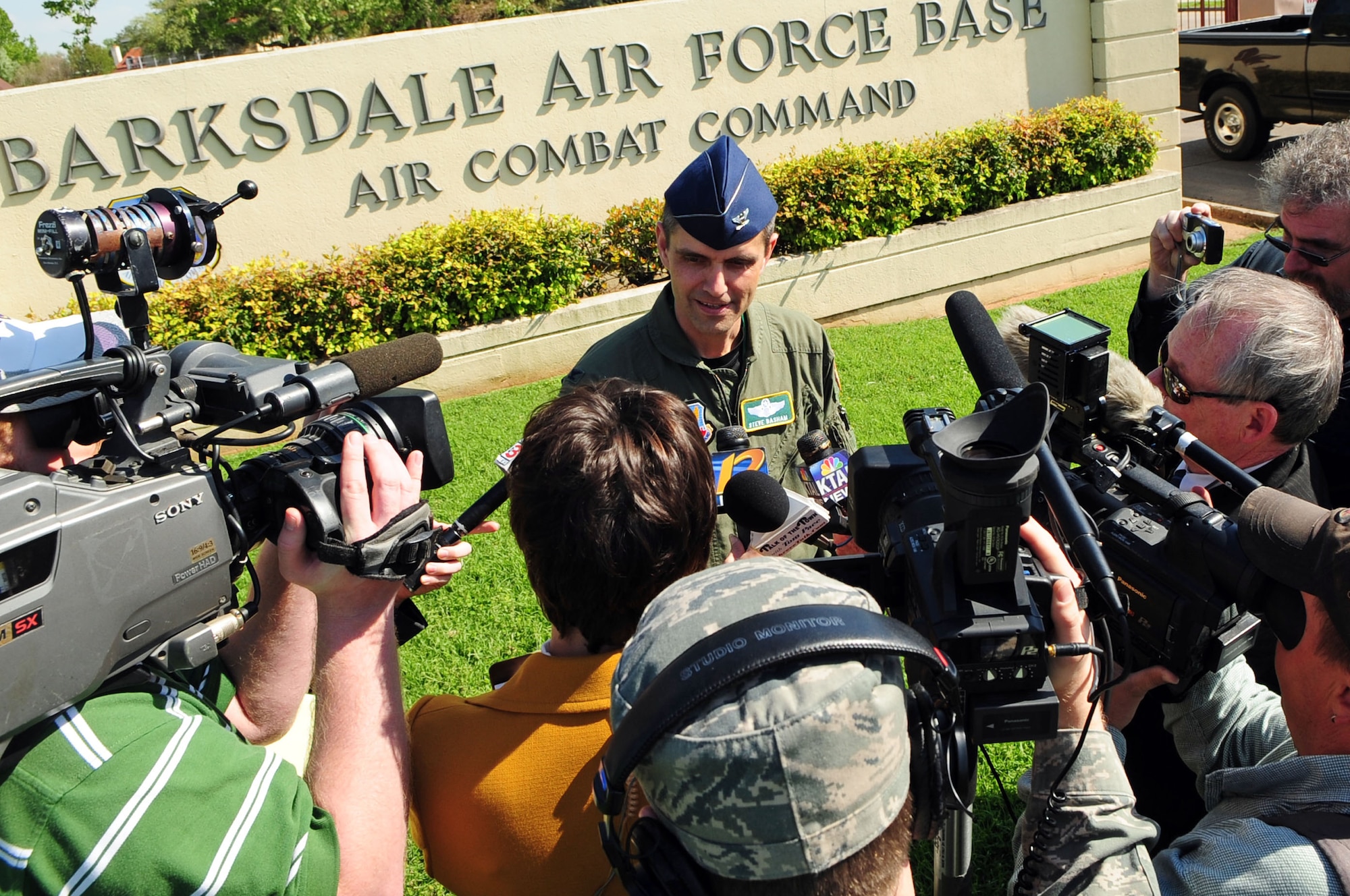 Col. Steven Basham, 2d Bomb Wing commander, provides a reaction statement to local media following the announcement of Barksdale Air Force Base being named the preferred location for Global Strike Command Headquaters. (U.S. Air Force photo by Senior Airman Joanna M. Kresge)