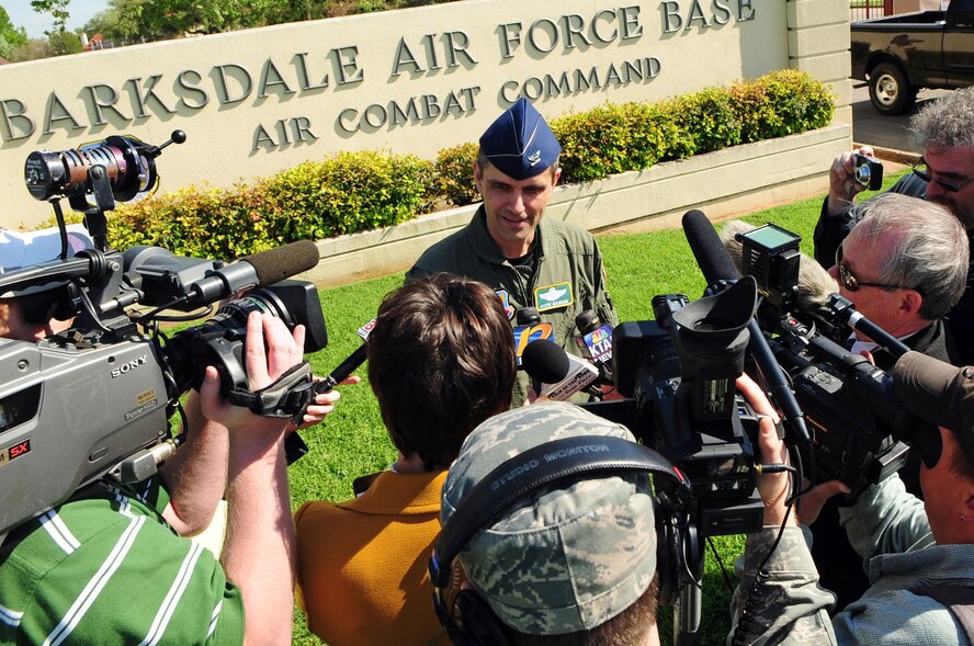 Col. Steven Basham, 2d Bomb Wing commander, provides a reaction statement to local media following the announcement of Barksdale Air Force Base being named the preferred location for Global Strike Command Headquaters. (U.S. Air Force photo by Senior Airman Joanna M. Kresge)