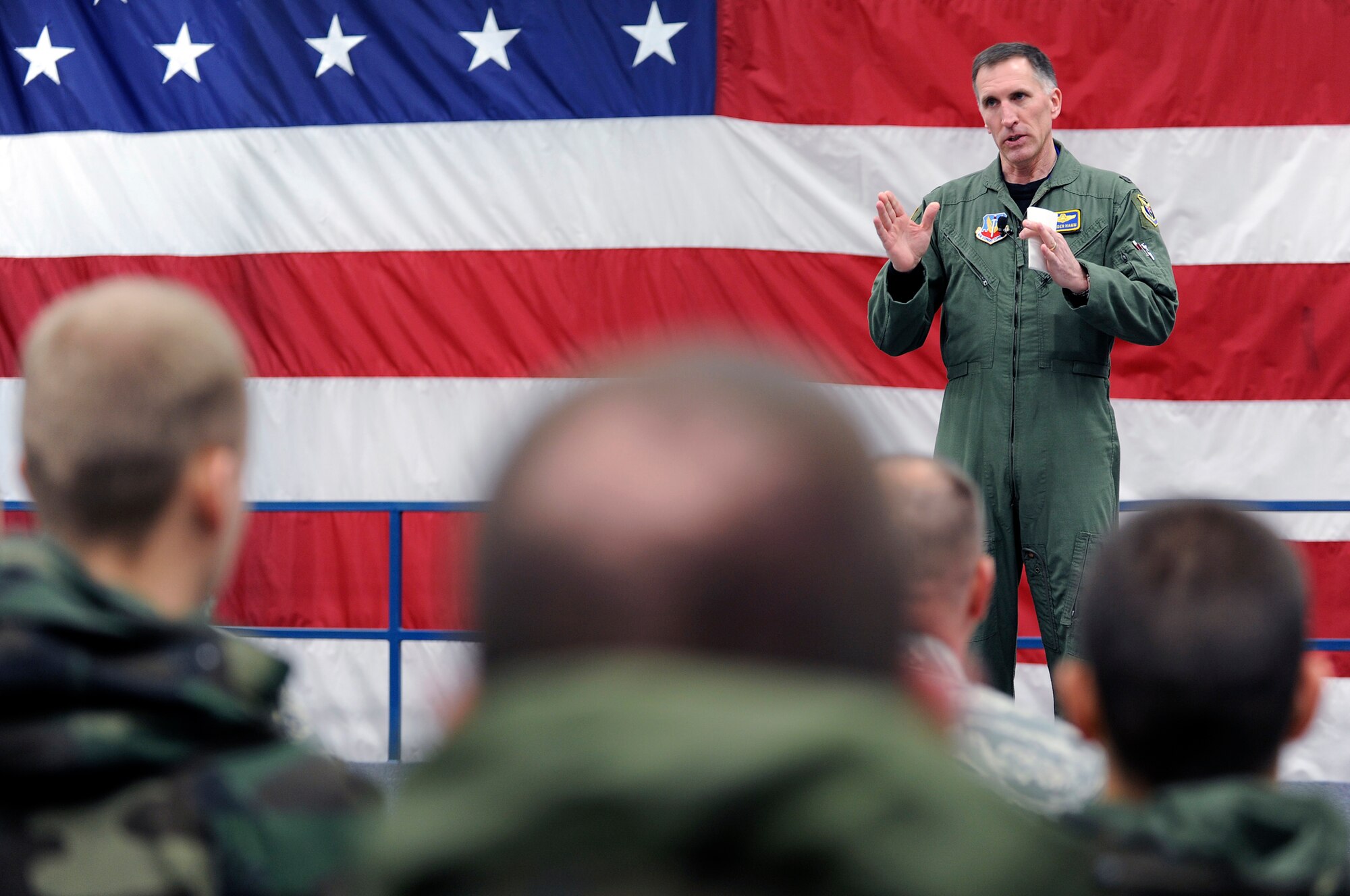 Col. Scott Vander Hamm, 28th Bomb Wing commander, addresses the 28 BW during an Airmen’s call here, April 3. Colonel Vander Hamm addressed the unit compliance inspection that will take place April 5 to 10. (U.S. Air Force photo/Senior Airman Marc I. Lane)