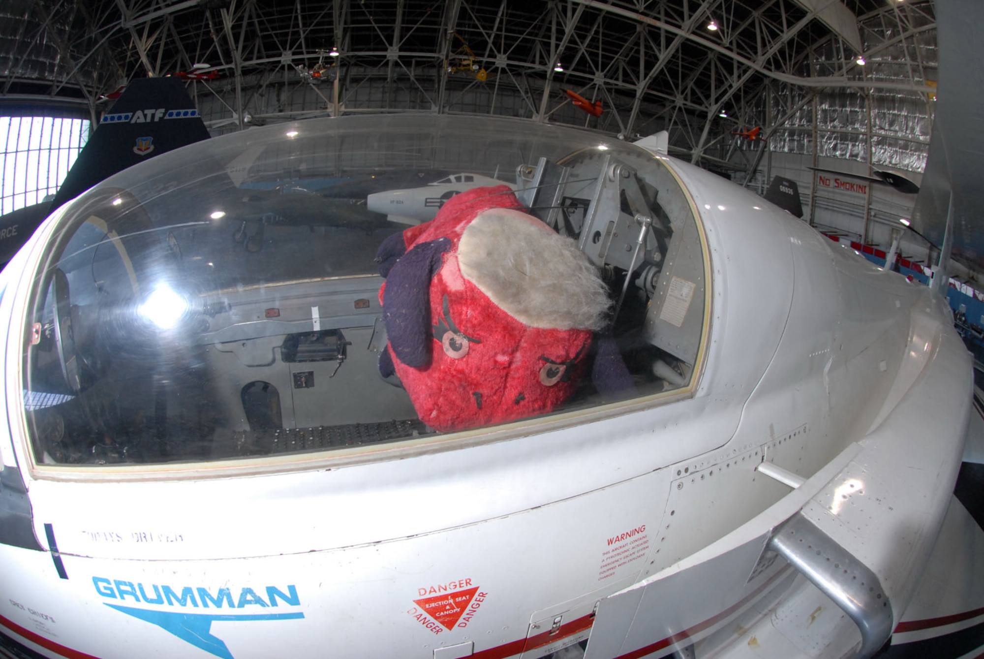 DAYTON, Ohio - The X-29A test pilots would place a either stuffed toy "ALF" (from the television show) or a stuffed red bull (such as the one in the photo) in the seat of their respective aircraft when not airborne. (U.S. Air Force photo)
