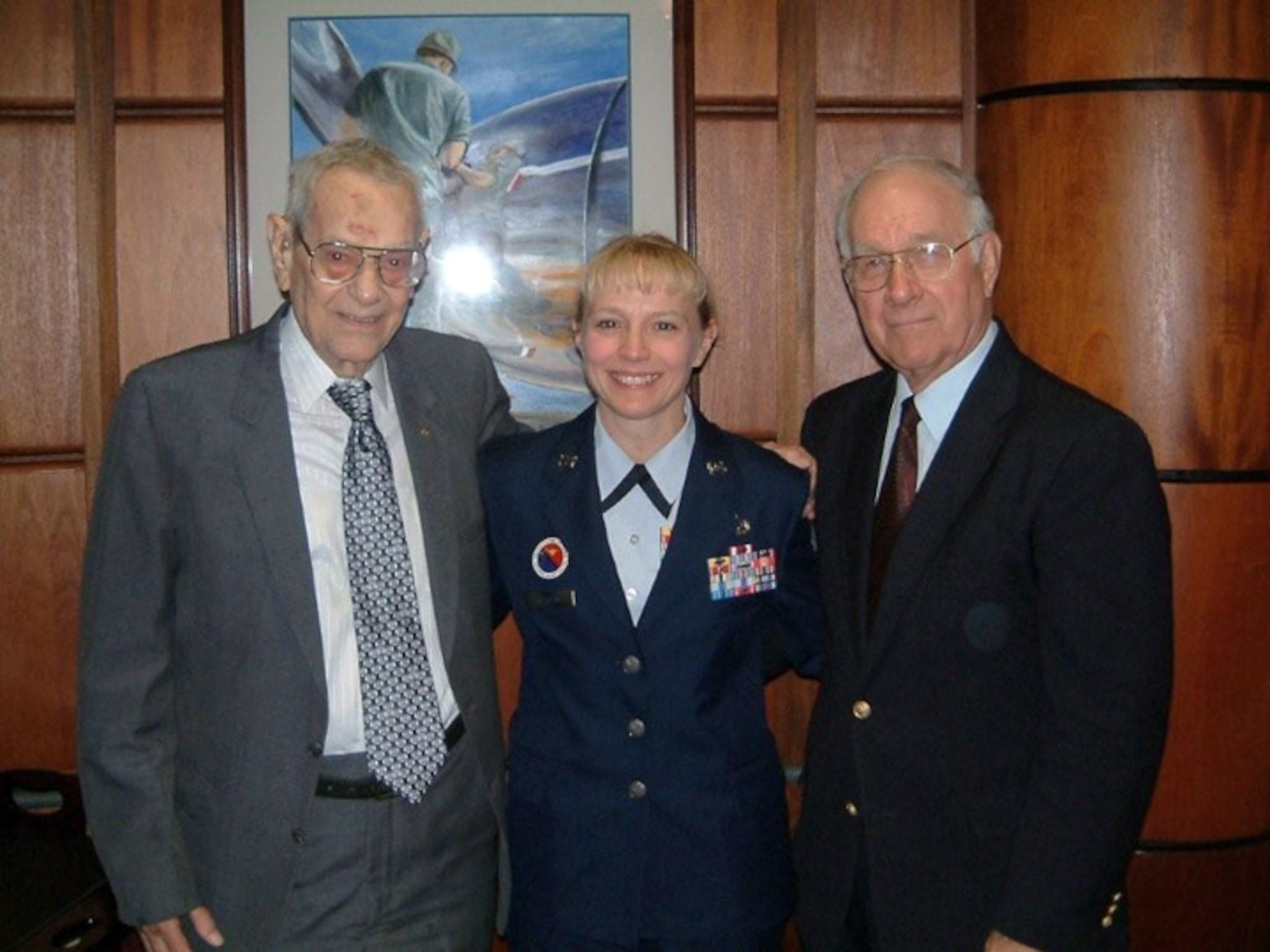 Chief Master Sgt. of the Air Force Paul W. Airey, Chief Master Sgt. Pamela Derrow and Chief Master Sgt. of the Air Force Sam E. Parish take a moment to share a photo opportunity in 2007. Chief Airey passed away March 11. Chief Airey was the first chief master sergeant of the Air Force, Chief Derrow is the U.S. Air Forces in Europe command chief, and Chief Parish was the eighth chief master sergeant of the Air Force. (Courtesy photo) 
