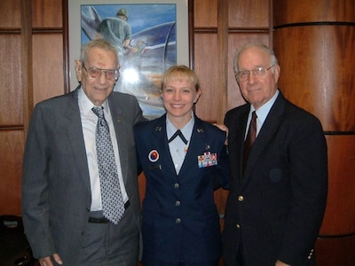 Chief Master Sgt. of the Air Force Paul W. Airey, Chief Master Sgt. Pamela Derrow and Chief Master Sgt. of the Air Force Sam E. Parish take a moment to share a photo opportunity in 2007. Chief Airey passed away March 11. Chief Airey was the first chief master sergeant of the Air Force, Chief Derrow is the U.S. Air Forces in Europe command chief, and Chief Parish was the eighth chief master sergeant of the Air Force. (Courtesy photo) 
