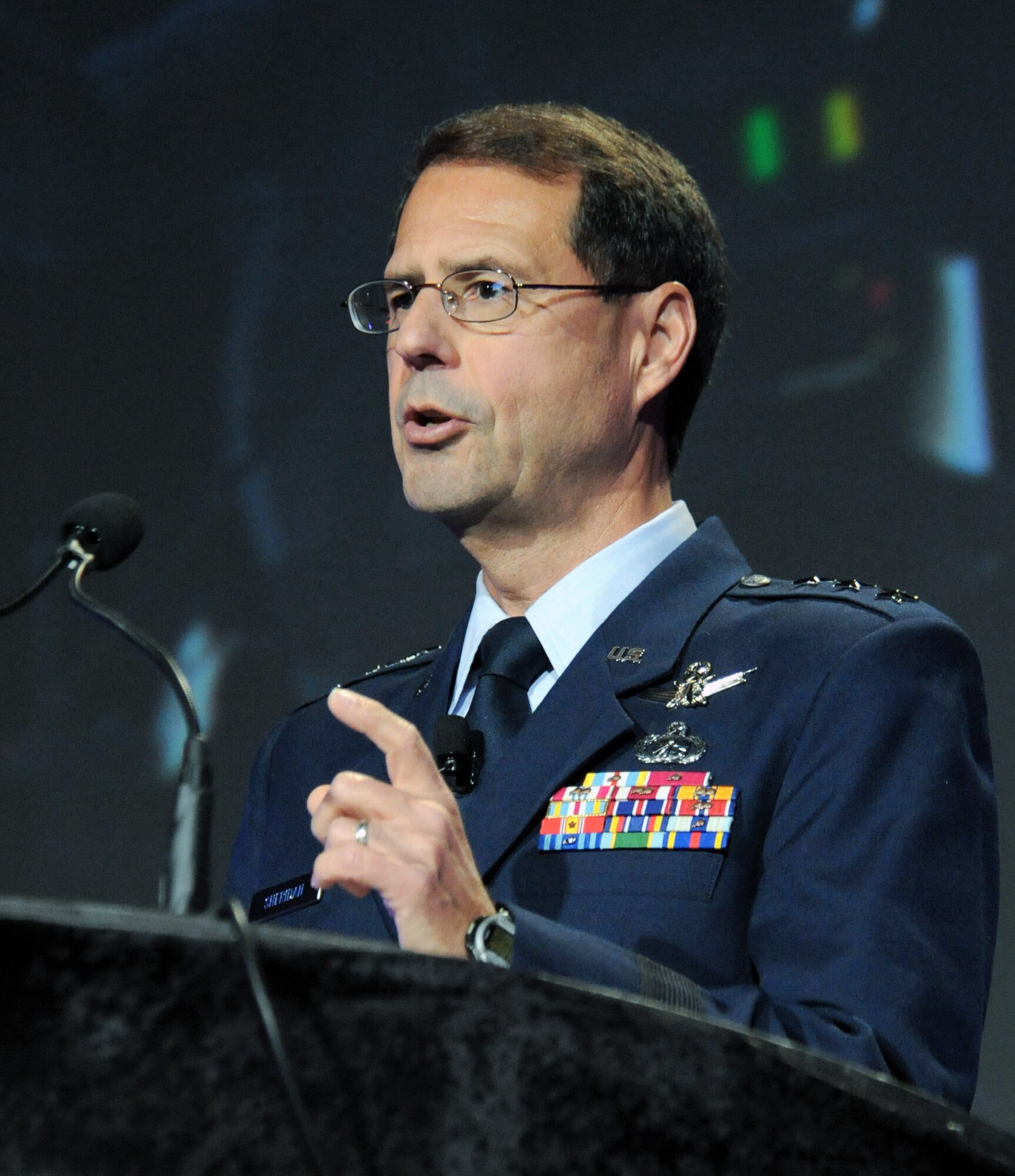 Lt. Gen. John T. "Tom" Sheridan talks to symposium attendees about the importance of acquiring space assets for the joint warfighters at the speed of need and on budget at the 25th National Space Symposium March 31 in Colorado Springs, Colo. General Sheridan is the commander of Space and Missile Systems Center at Los Angeles Air Force Base, Calif. (U.S. Air Force photo/Duncan Wood) 
