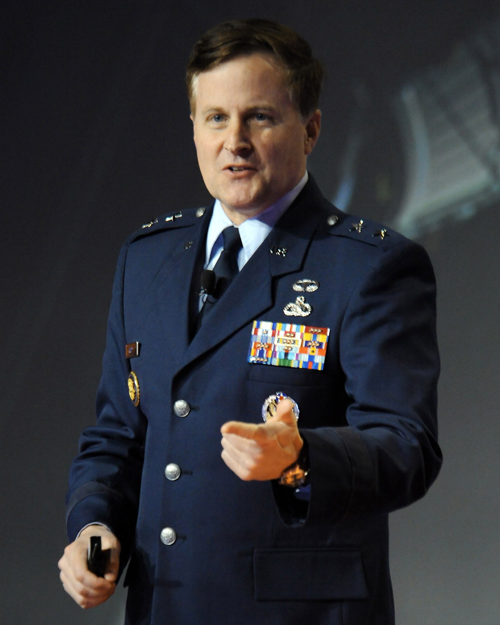 Maj. Gen. William T. Lord talks to symposium attendees about risks in the cyber domain at the 25th National Space Symposium March 31 in Colorado Springs, Colo. General Lord is the commander of Air Force Cyberspace Command (provisional) at Barksdale Air Force Base, La. (U.S. Air Force photo/Duncan Wood) 
