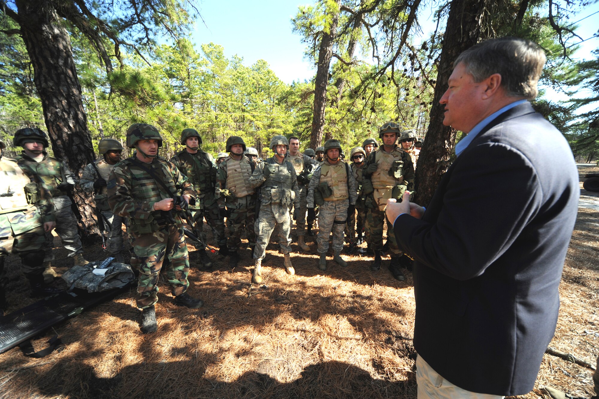 Secretary of the Air Force Michael Donley visits with Airmen in deployment training status during a visit to the U.S. Air Force Expeditionary Center on Fort Dix, N.J., on March 31, 2009.  The overall visit by Secretary Donley to the Expeditionary Center was to see its facilities and training venues.  Besides Fort Dix, Secretary Donley also visited neighboring McGuire Air Force Base and Naval Air Engineering Station Lakehurst to learn more about the Joint-Basing Initiative. (U.S. Air Force Photo/Staff Sgt. Nathan G. Bevier)